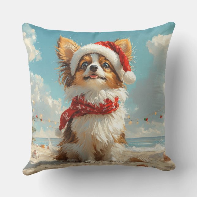 Papillon Hond Kerstmis Vintage Strand Kussen (Achterkant)
