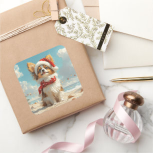 Papillon Hond Kerstmis Vintage Strand Vierkante Sticker