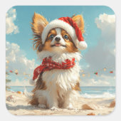 Papillon Hond Kerstmis Vintage Strand Vierkante Sticker (Voorkant)