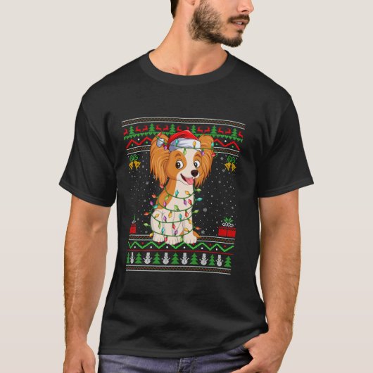 Papillon Hond Kerstverlichting Santa Ugly Sweater T-shirt (Voorkant)