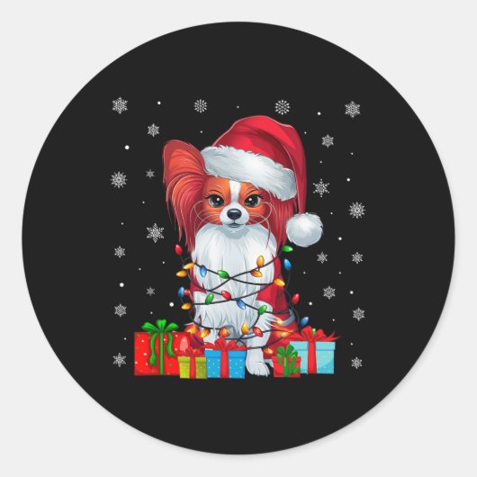 Papillon Hond Lelijke Kerstverlichting Santa Papil Ronde Sticker (Voorkant)