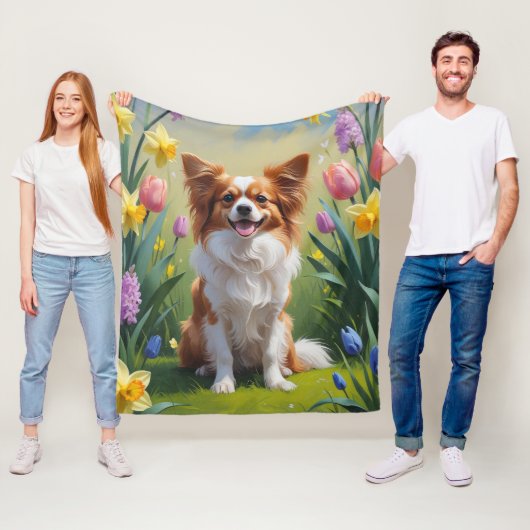 Papillon-hond lente bloemen schilderij fleece deken (In situ)