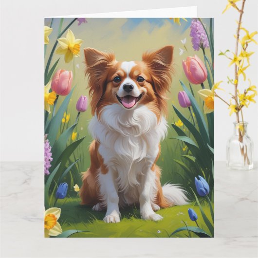 Papillon-hond lente bloemen schilderij  kaart (Gele Bloem)