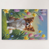 Papillon-hond lente bloemen schilderij legpuzzel (Horizontaal)