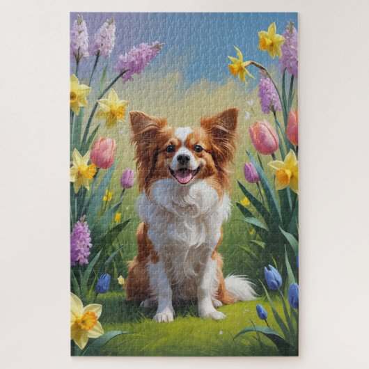 Papillon-hond lente bloemen schilderij legpuzzel (Verticaal)