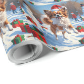 Papillon hond loopt in de sneeuw met kerst Pet Cadeaupapier (Rol Hoek)
