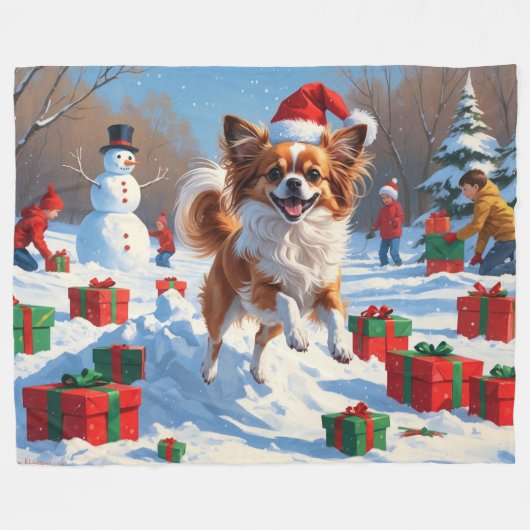 Papillon hond loopt in de sneeuw met kerst Pet Fleece Deken (Voorkant (Horizontaal))
