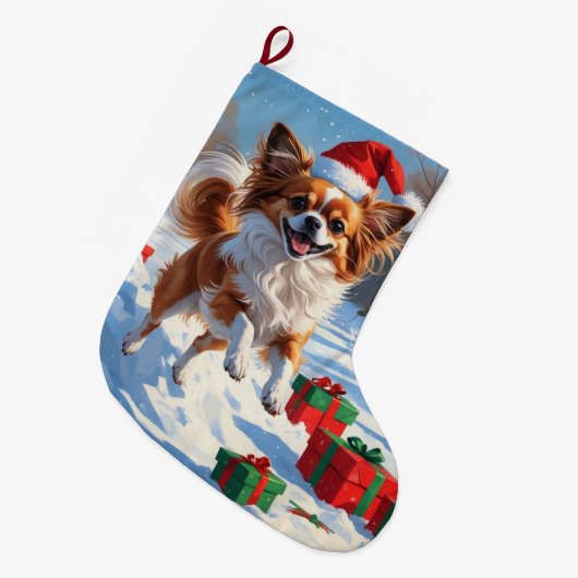 Papillon hond loopt in de sneeuw met kerst Pet Grote Kerstsok (Voorkant (Hangend))