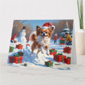 Papillon hond loopt in de sneeuw met kerst Pet Kaart (Voorkant)