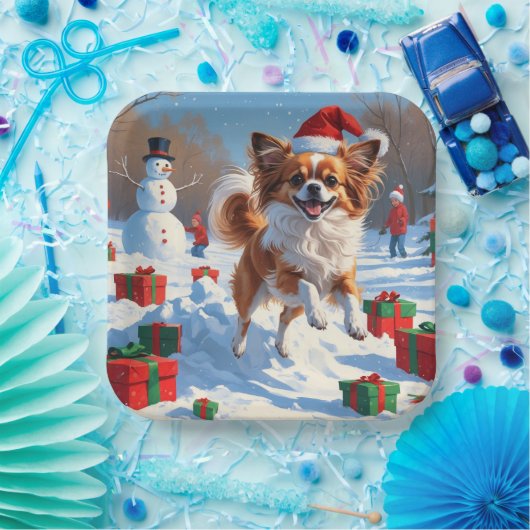 Papillon hond loopt in de sneeuw met kerst Pet Papieren Bordje (Feest)
