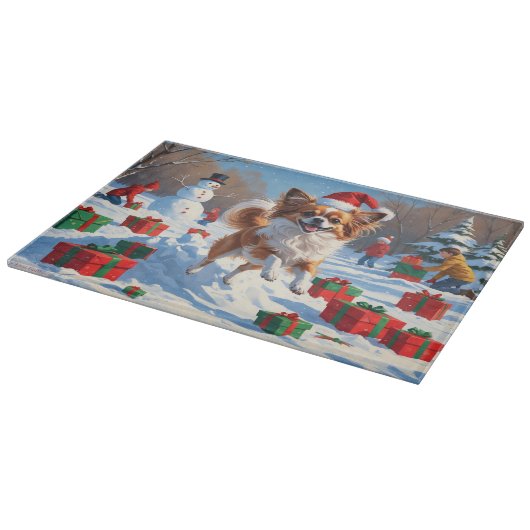 Papillon hond loopt in de sneeuw met kerst Pet Snijplank (Hoek)