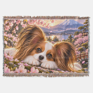 Papillon-hond met kersenbloesems en Mount Fuji – Deken