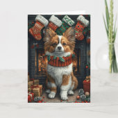 Papillon hond met kerstcadeaus open haard kaart (Voorkant)