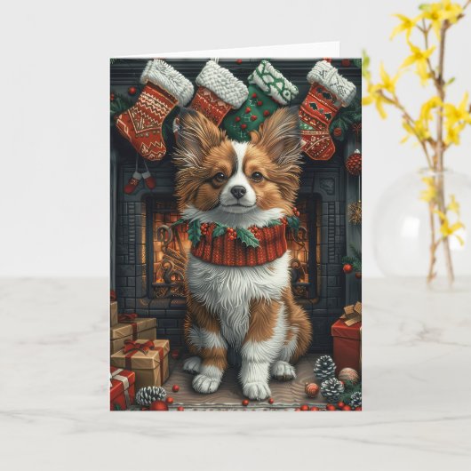 Papillon hond met kerstcadeaus open haard kaart (Gele Bloem)