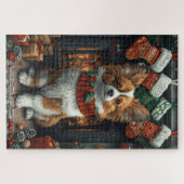 Papillon hond met kerstcadeaus open haard legpuzzel (Horizontaal)