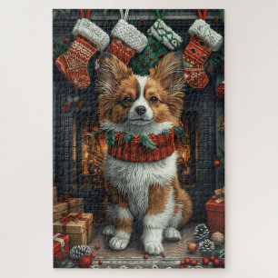 Papillon-hond met kerstcadeaus open haard legpuzzel