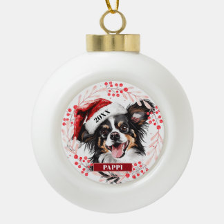 Papillon-hond met kerstmannenhoed Kerstbal als ker Keramische Bal Ornament