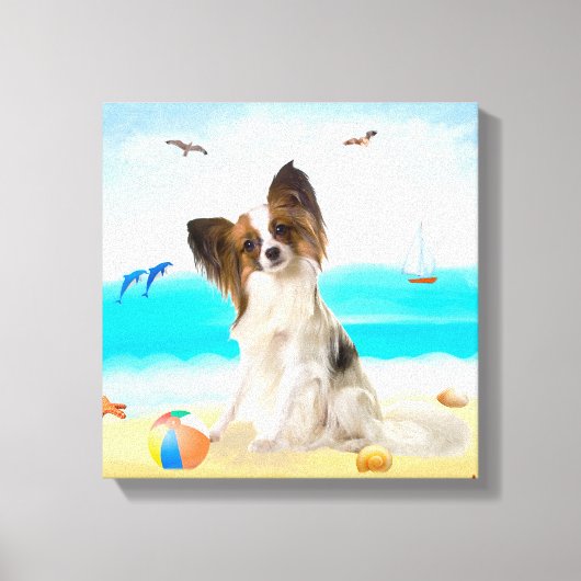 Papillon-hond op het strand canvas afdruk (Voorkant)