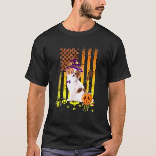 Papillon Hond Pompoen Amerikaanse vlag Halloween H T-shirt (Voorkant)