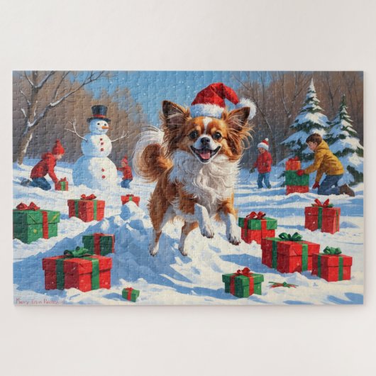 Papillon-hond rent in de sneeuw met kerstmuts legpuzzel (Horizontaal)