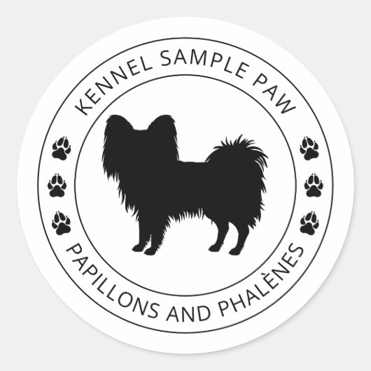 Papillon-hond Silhouette Met Pootafdrukken En Aang Ronde Sticker (Voorkant)