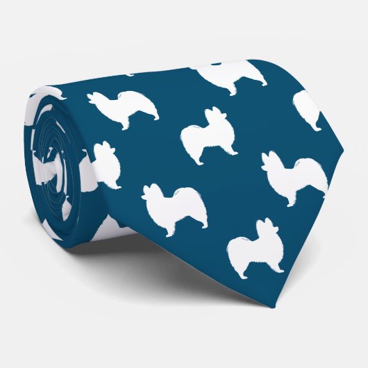Papillon Hond Silhouetten Patroon Blauw en Wit Stropdas (Opgerold)