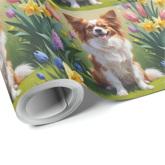 Papillon Hond Spring Bloemen Schilderen Cadeaupapier (Rol Hoek)