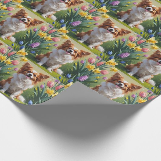 Papillon Hond Spring Bloemen Schilderen Cadeaupapier (Hoek)