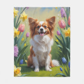 Papillon Hond Spring Bloemen Schilderen Fleece Deken (Voorkant)