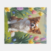 Papillon Hond Spring Bloemen Schilderen Fleece Deken (Voorkant (Horizontaal))