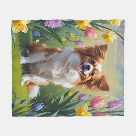 Papillon Hond Spring Bloemen Schilderen Fleece Deken (Voorkant (Horizontaal))