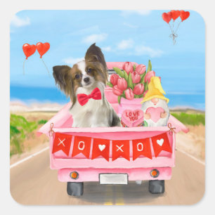 Papillon-hond Valentijnsdag vrachtwagen harten Vierkante Sticker