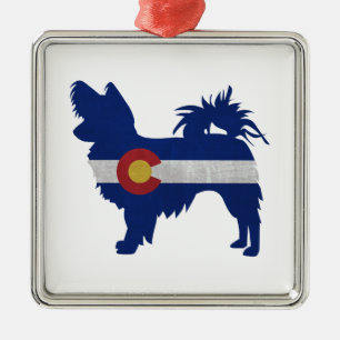 Papillon Hondenras Colorado Flag Silhouette Metalen Ornament