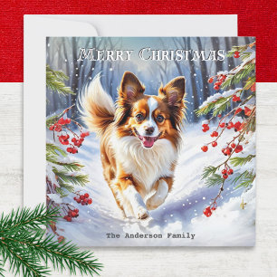 Papillon in de sneeuw Cute hondenras Winter Kerstm Feestdagenkaart
