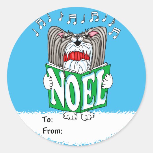 Papillon KerstCaroler BW Ronde Sticker (Voorkant)