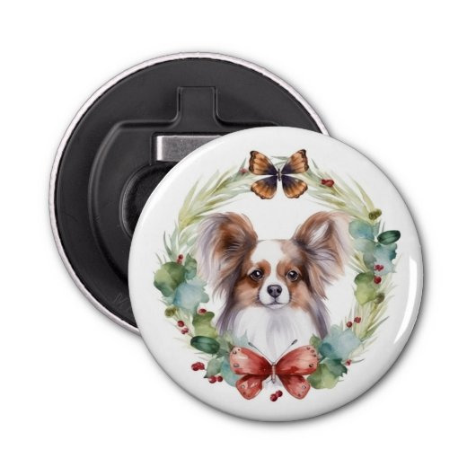 Papillon Kerstkrans feestelijke pup Button Flesopener (Voorkant)