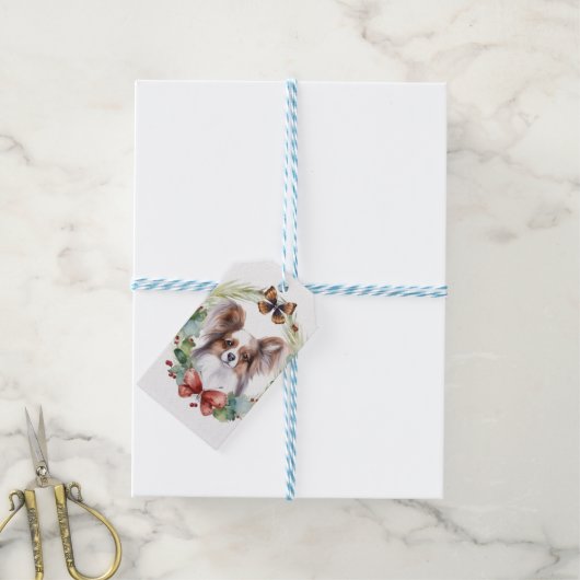 Papillon Kerstkrans feestelijke pup Cadeaulabel (Met Touw)