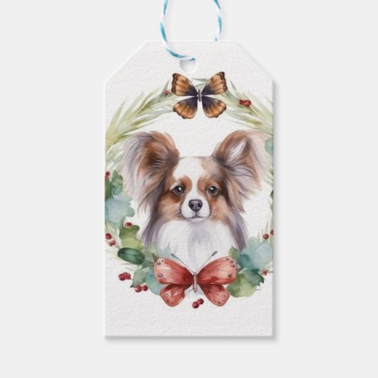 Papillon Kerstkrans feestelijke pup Cadeaulabel (Voorkant)