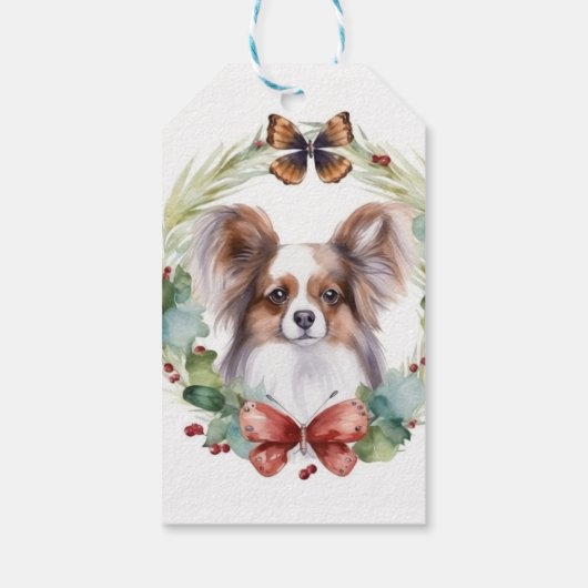 Papillon Kerstkrans feestelijke pup Cadeaulabel (Achterkant)