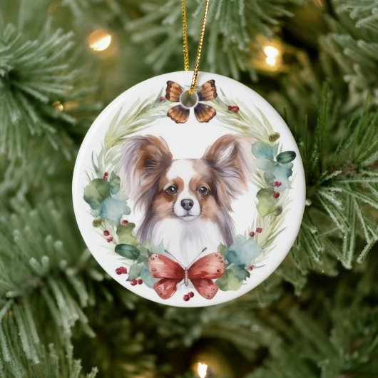Papillon Kerstkrans feestelijke pup Keramisch Ornament (Boom)