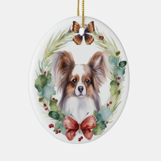 Papillon Kerstkrans feestelijke pup Keramisch Ornament (Rechts)