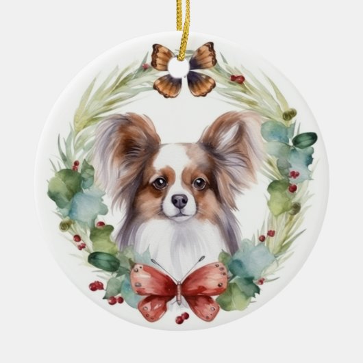 Papillon Kerstkrans feestelijke pup Keramisch Ornament (Voorkant)