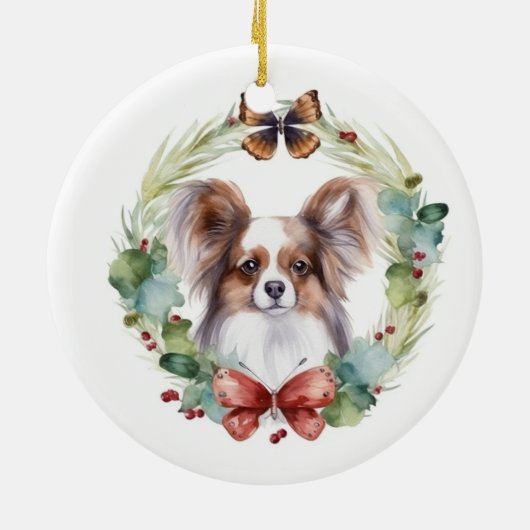 Papillon Kerstkrans feestelijke pup Keramisch Ornament (Achterkant)