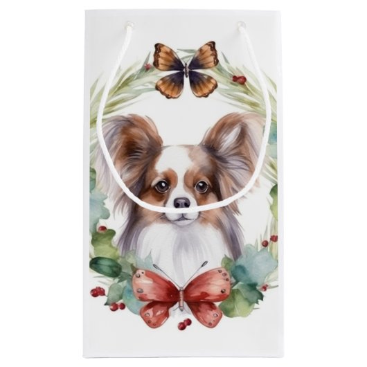 Papillon Kerstkrans feestelijke pup Klein Cadeauzakje (Achterkant)