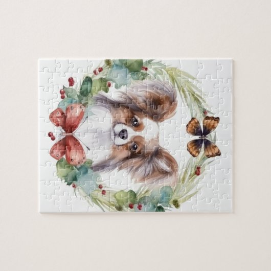 Papillon Kerstkrans feestelijke pup Legpuzzel (Horizontaal)