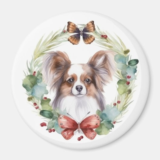 Papillon Kerstkrans feestelijke pup Magneet (Voorkant)