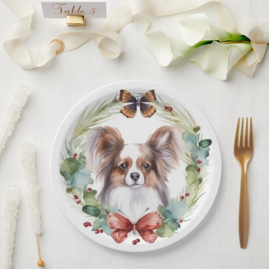 Papillon Kerstkrans feestelijke pup Papieren Bordje (Huwelijk)