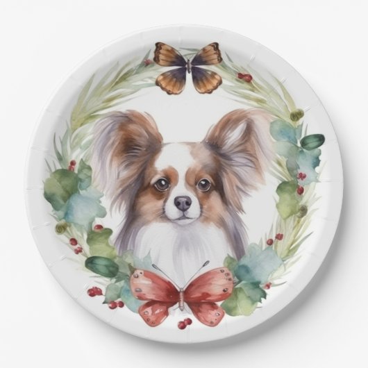 Papillon Kerstkrans feestelijke pup Papieren Bordje (Voorkant)