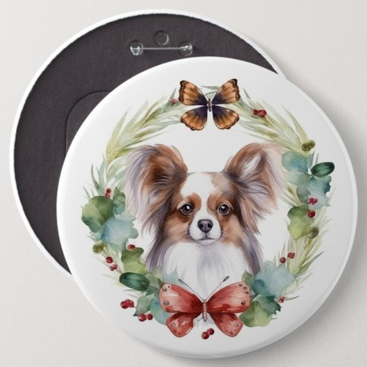 Papillon Kerstkrans feestelijke pup Ronde Button 6,0 Cm (Voorkant /achterkant)