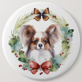 Papillon Kerstkrans feestelijke pup Ronde Button 6,0 Cm (Voorkant)